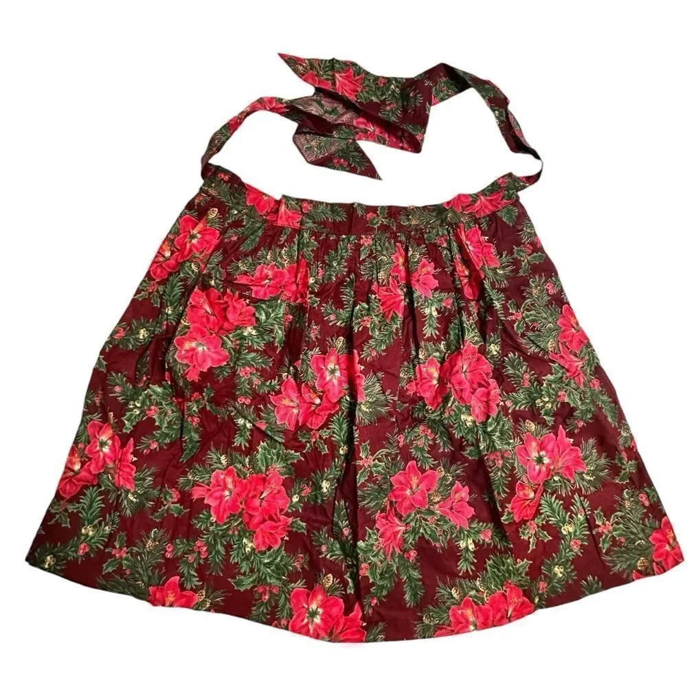 Vintage Poinsettia Red and Green with Gold Holiday Winter Kitchen Apron